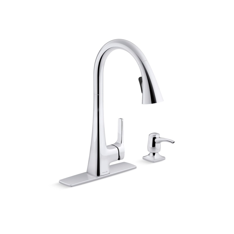 KOHLER K-R22867-SD-CP Polished Chrome Maxton Pull-down kitchen faucet with soap/lotion dispenser