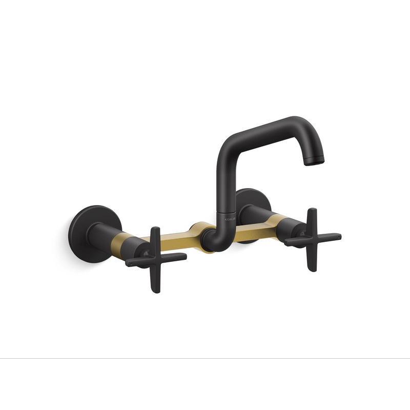 KOHLER K-28666-3-BMB Two-hole wall-mount bridge kitchen sink faucet  -  Matte Black with Brushed Moderne Brass