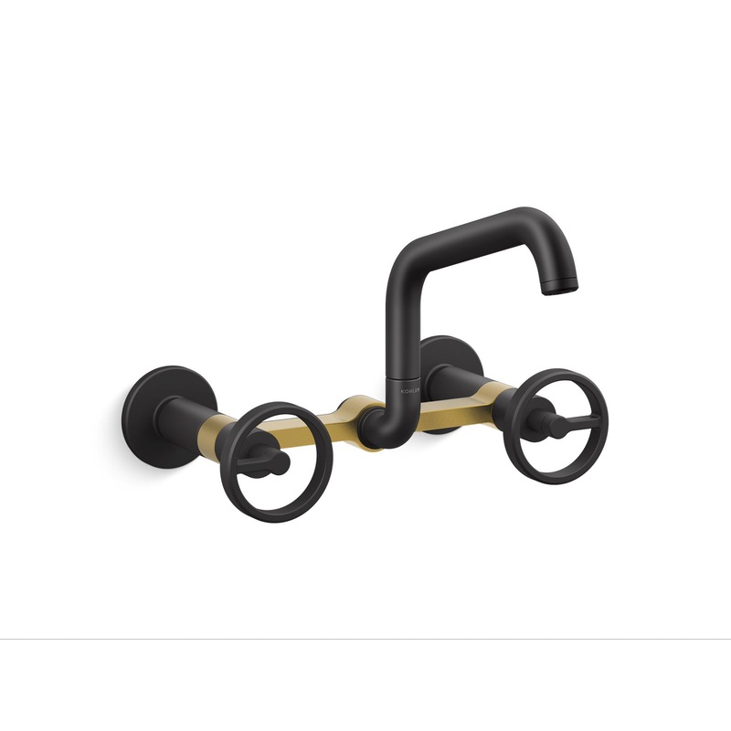 KOHLER K-28666-9-BMB Two-hole wall-mount bridge kitchen sink faucet  -  Matte Black with Brushed Moderne Brass