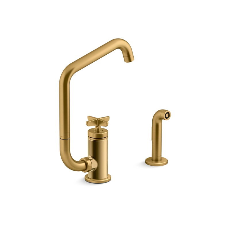 KOHLER K-28667-3-2MB Single-handle kitchen sink faucet with two-function extended-reach spout and side sprayer  -  Vibrant Brushed Moderne Brass
