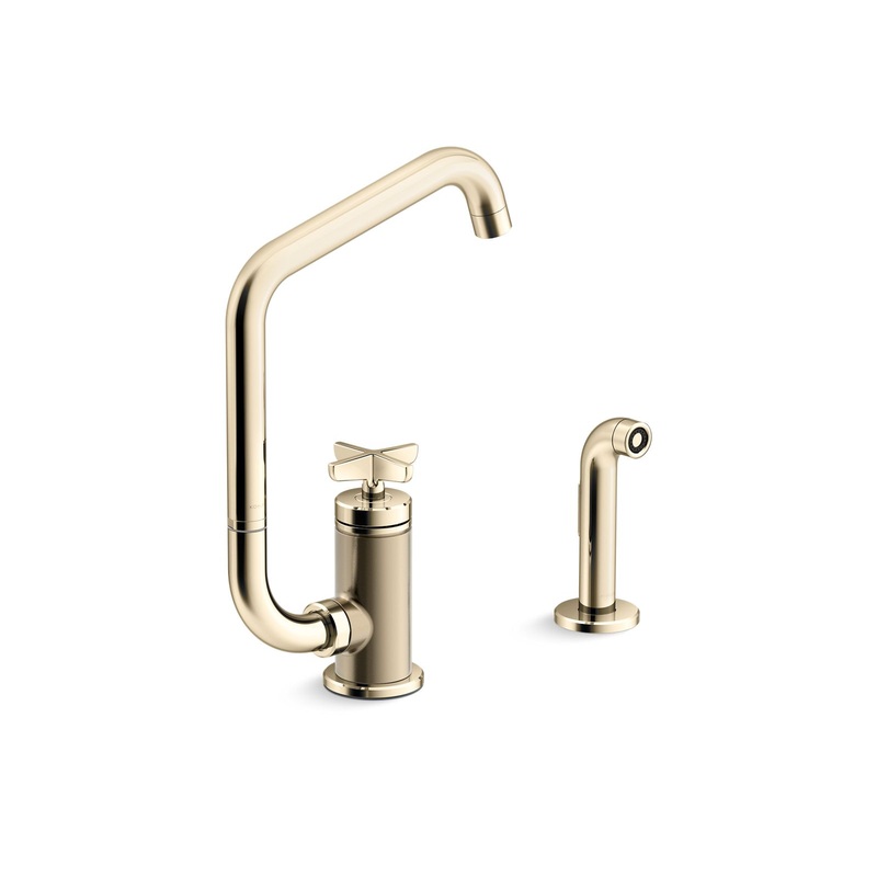 KOHLER K-28667-3-AF Single-handle kitchen sink faucet with two-function extended-reach spout and side sprayer  -  Vibrant French Gold