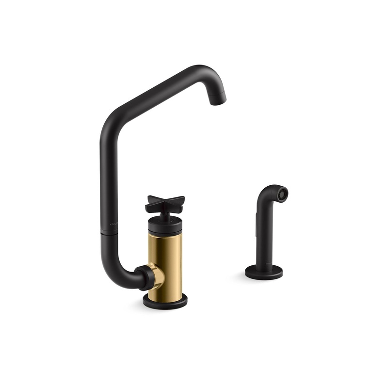 KOHLER K-28667-3-BMB Single-handle kitchen sink faucet with two-function extended-reach spout and side sprayer  -  Matte Black with Brushed Moderne Brass