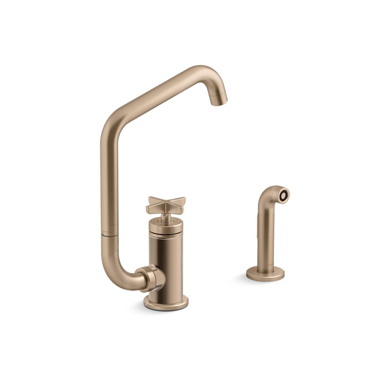 KOHLER K-28667-3-BV Single-handle kitchen sink faucet with two-function extended-reach spout and side sprayer  -  Vibrant Brushed Bronze