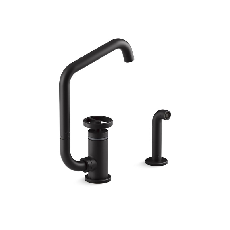 KOHLER K-28667-9-BL Single-handle kitchen sink faucet with two-function extended-reach spout and side sprayer  -  Matte Black