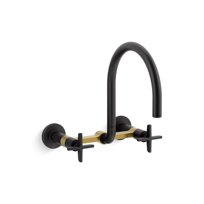 KOHLER K-28672-3-BMB Two-hole wall-mount bridge kitchen sink faucet  -  Matte Black with Brushed Moderne Brass