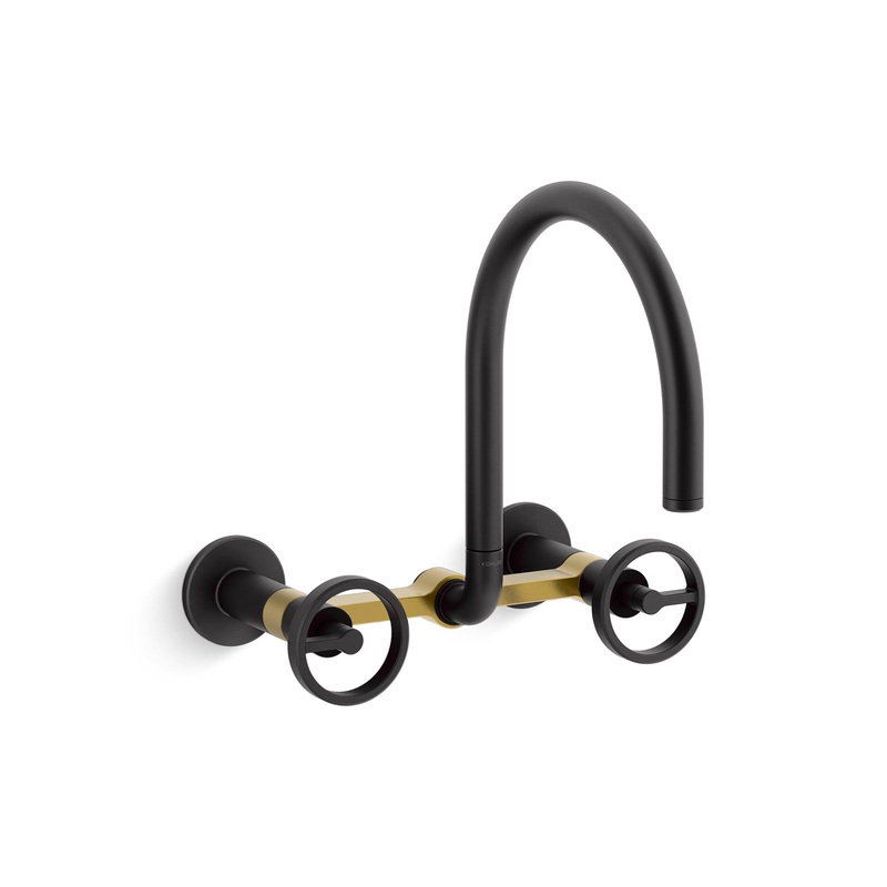 KOHLER K-28672-9-BMB Two-hole wall-mount bridge kitchen sink faucet  -  Matte Black with Brushed Moderne Brass
