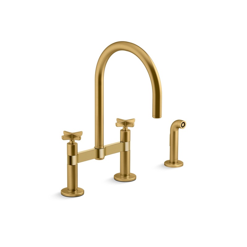 KOHLER K-28673-3-2MB Two-hole bridge kitchen sink faucet with side sprayer  -  Vibrant Brushed Moderne Brass