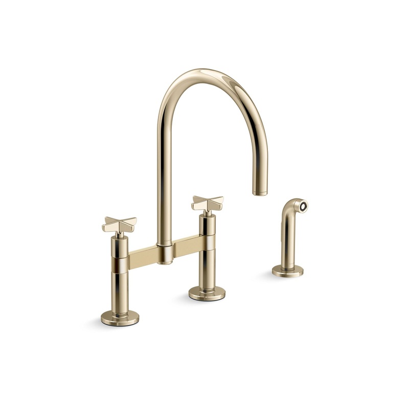 KOHLER K-28673-3-AF Two-hole bridge kitchen sink faucet with side sprayer  -  Vibrant French Gold