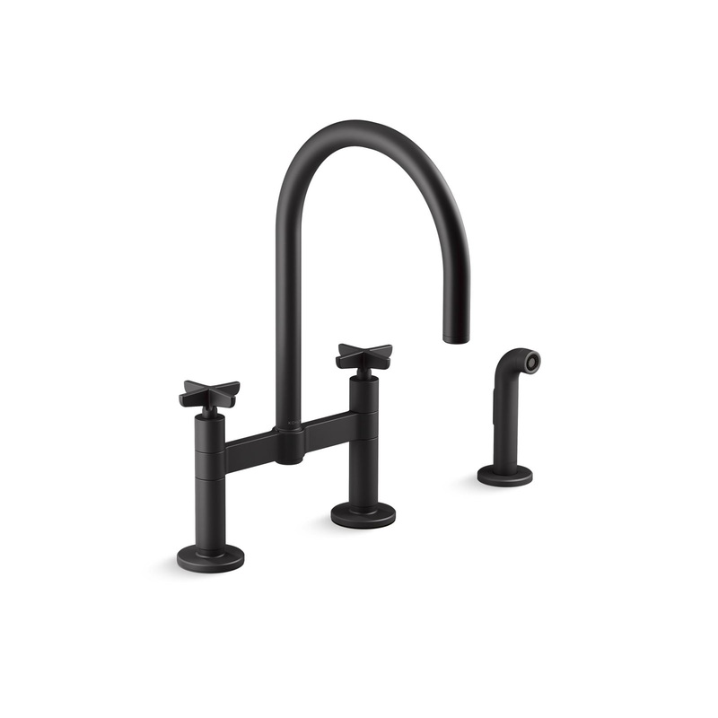 KOHLER K-28673-3-BL Two-hole bridge kitchen sink faucet with side sprayer  -  Matte Black