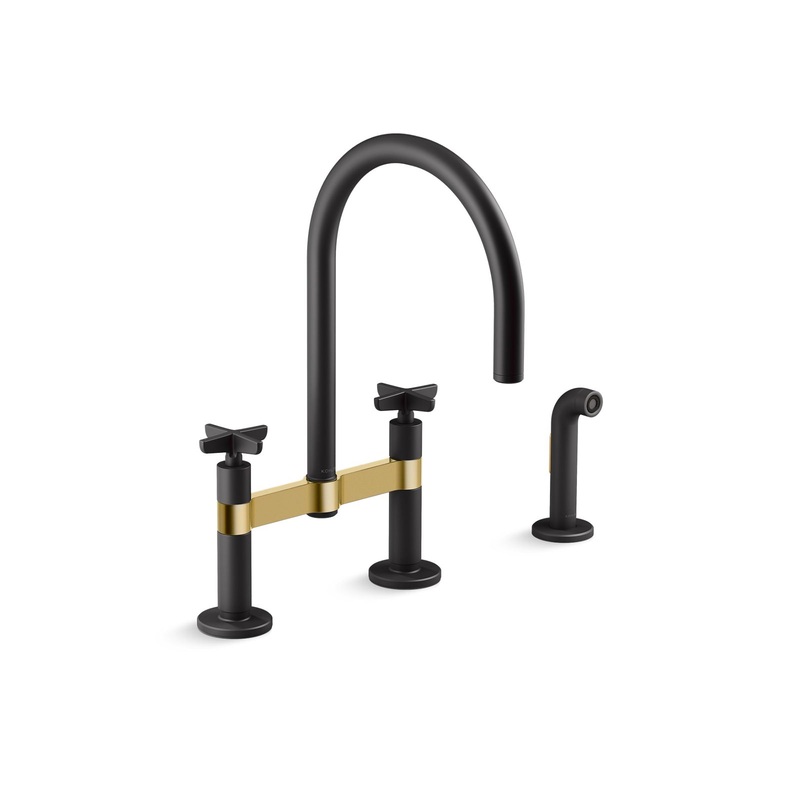KOHLER K-28673-3-BMB Two-hole bridge kitchen sink faucet with side sprayer  -  Matte Black with Brushed Moderne Brass