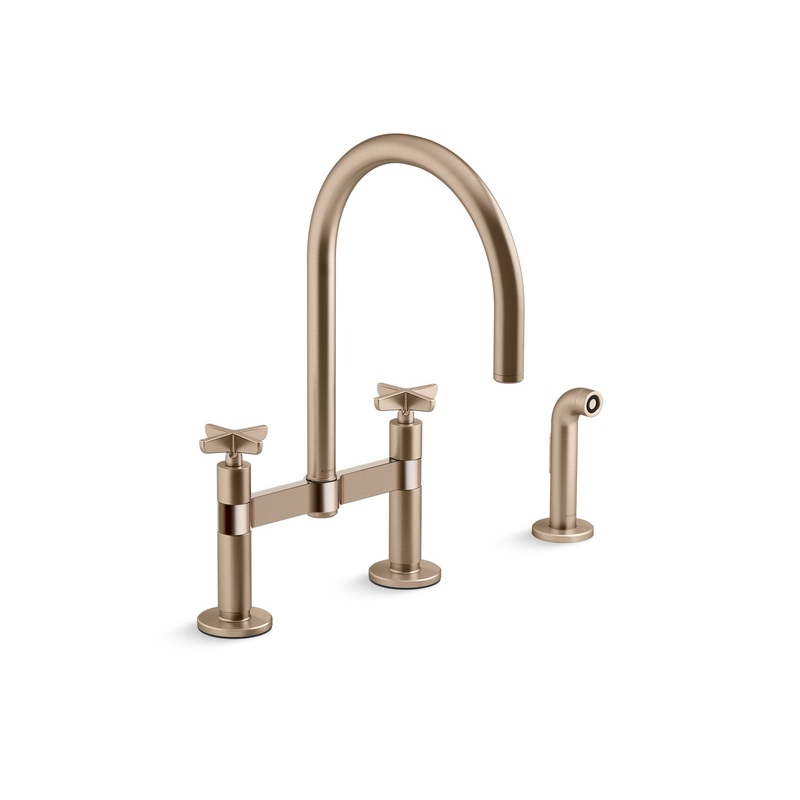KOHLER K-28673-3-BV Two-hole bridge kitchen sink faucet with side sprayer  -  Vibrant Brushed Bronze