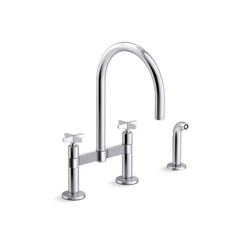 KOHLER K-28673-3-CP Two-hole bridge kitchen sink faucet with side sprayer  -  Polished Chrome