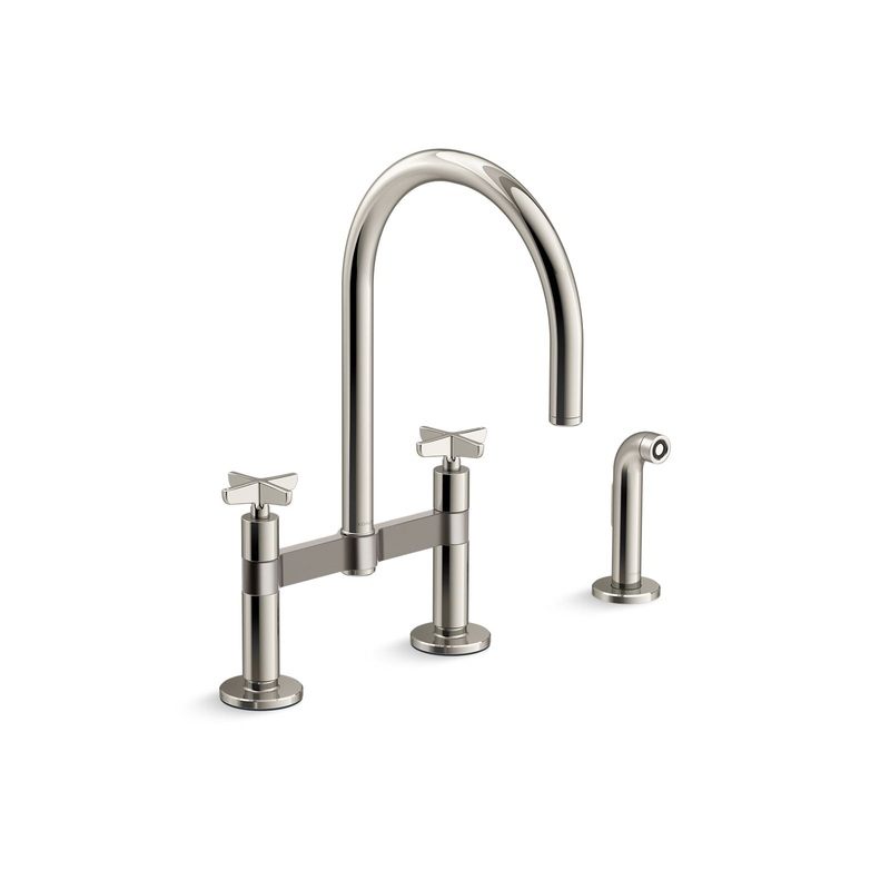 KOHLER K-28673-3-SN Two-hole bridge kitchen sink faucet with side sprayer  -  Vibrant Polished Nickel