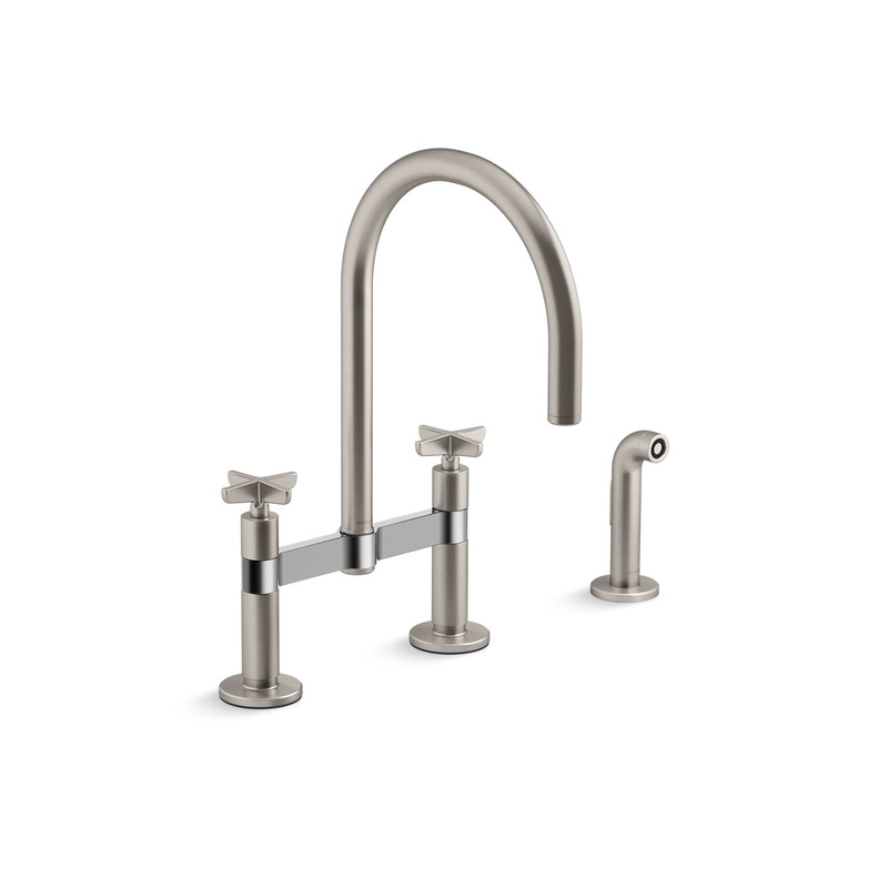 KOHLER K-28673-3-VS Two-hole bridge kitchen sink faucet with side sprayer  -  Vibrant Stainless