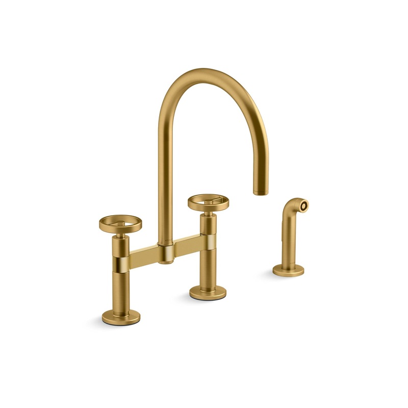 KOHLER K-28673-9-2MB Two-hole bridge kitchen sink faucet with side sprayer  -  Vibrant Brushed Moderne Brass