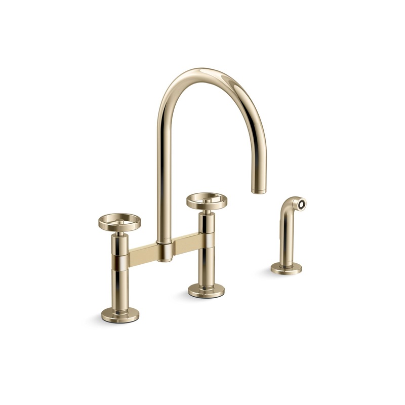 KOHLER K-28673-9-AF Two-hole bridge kitchen sink faucet with side sprayer  -  Vibrant French Gold