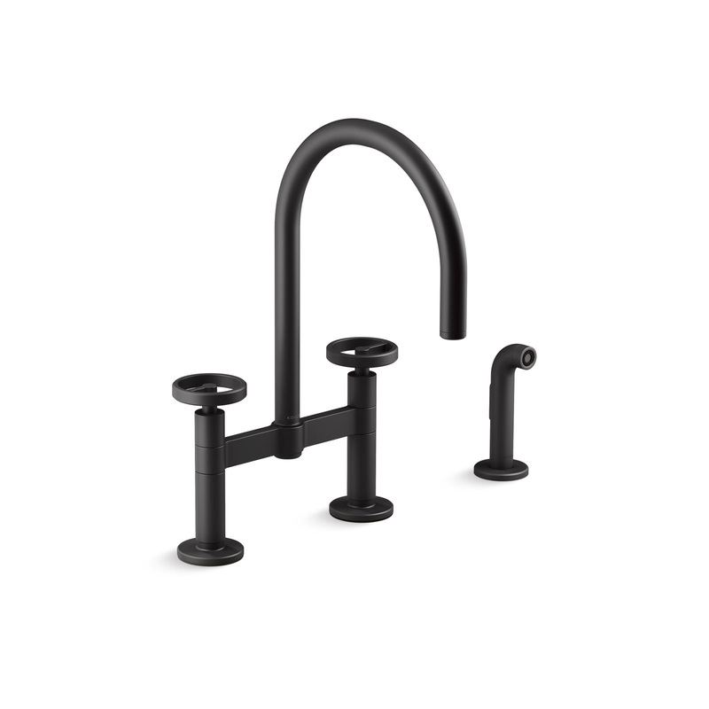 KOHLER K-28673-9-BL Two-hole bridge kitchen sink faucet with side sprayer  -  Matte Black