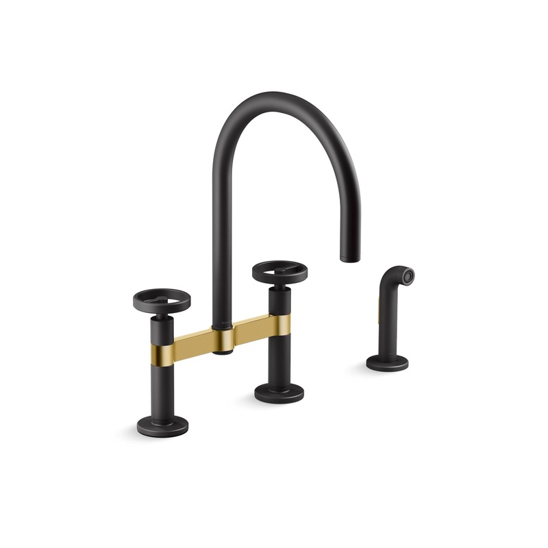 KOHLER K-28673-9-BMB Two-hole bridge kitchen sink faucet with side sprayer  -  Matte Black with Brushed Moderne Brass