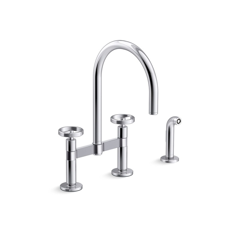 KOHLER K-28673-9-CP Two-hole bridge kitchen sink faucet with side sprayer  -  Polished Chrome