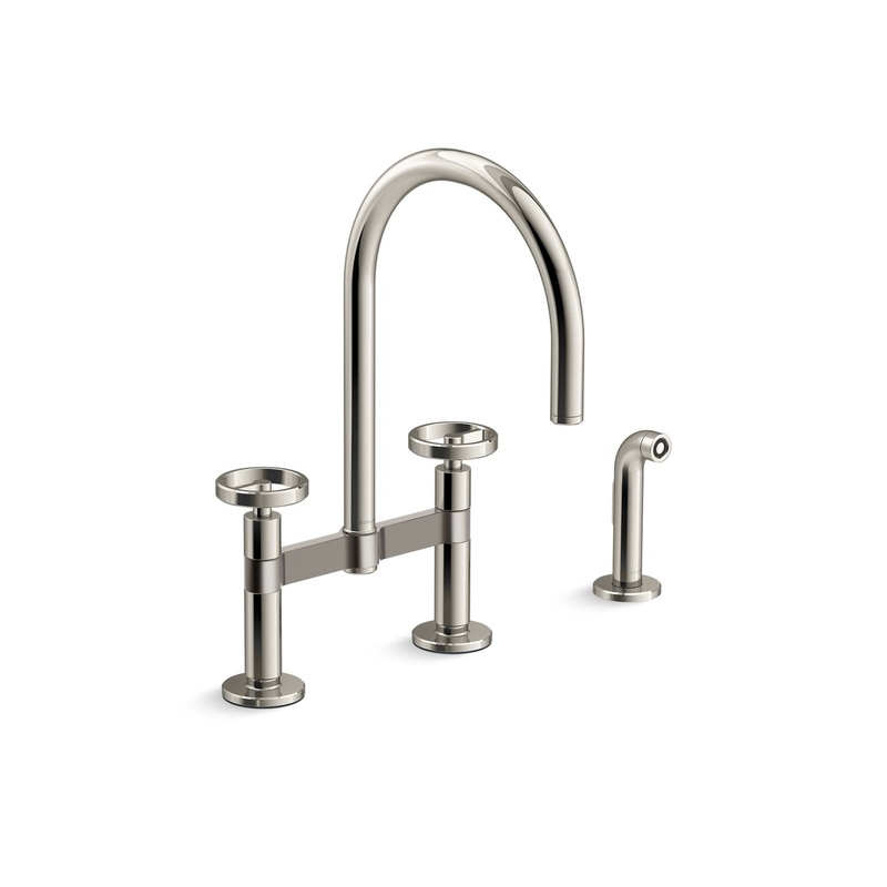 KOHLER K-28673-9-SN Two-hole bridge kitchen sink faucet with side sprayer  -  Vibrant Polished Nickel