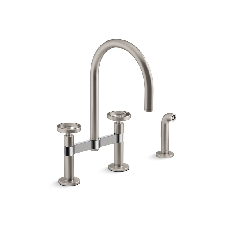 KOHLER K-28673-9-VS Two-hole bridge kitchen sink faucet with side sprayer  -  Vibrant Stainless