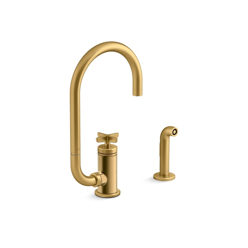 KOHLER K-28675-3-2MB Single-handle kitchen sink faucet with two-function extended-reach spout and side sprayer  -  Vibrant Brushed Moderne Brass