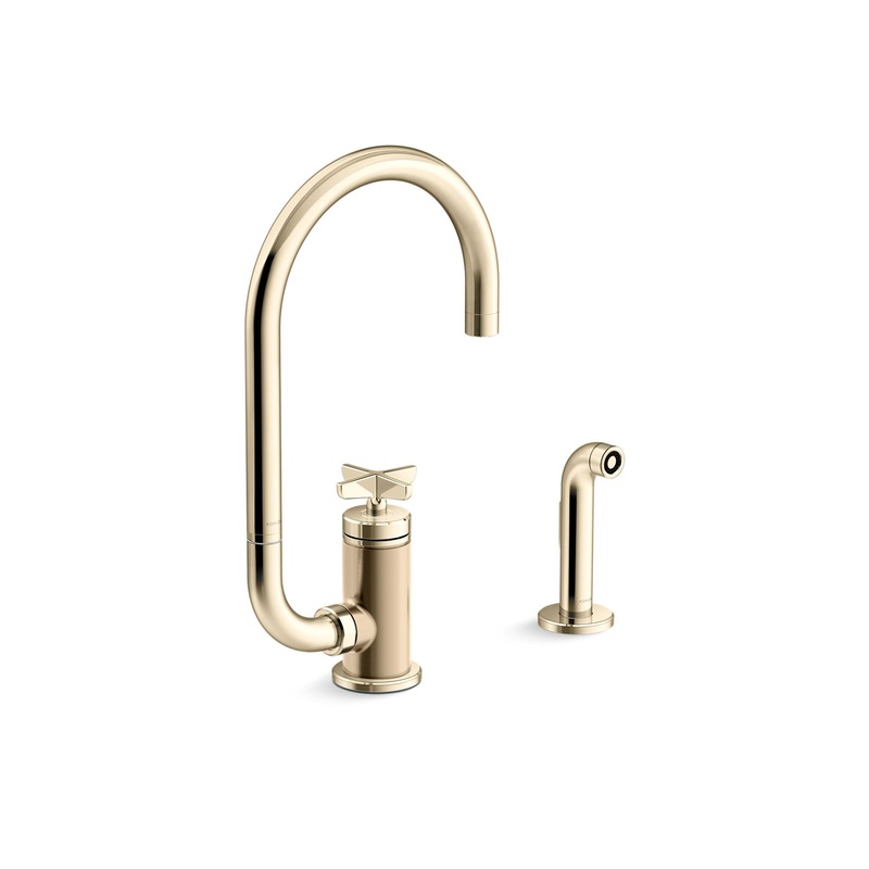KOHLER K-28675-3-AF Single-handle kitchen sink faucet with two-function extended-reach spout and side sprayer  -  Vibrant French Gold