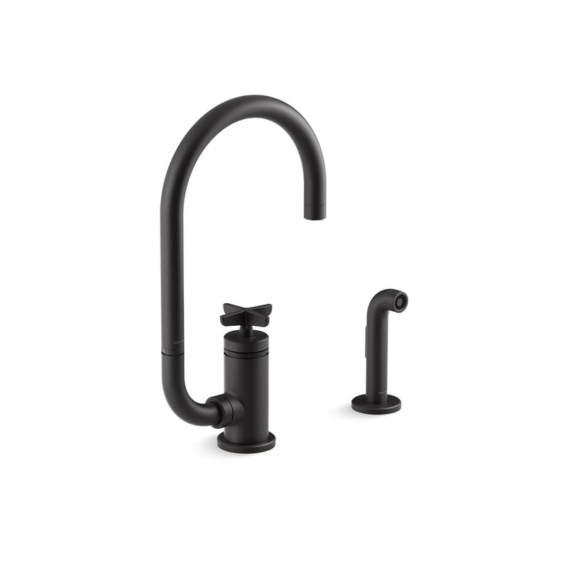 KOHLER K-28675-3-BL Single-handle kitchen sink faucet with two-function extended-reach spout and side sprayer  -  Matte Black