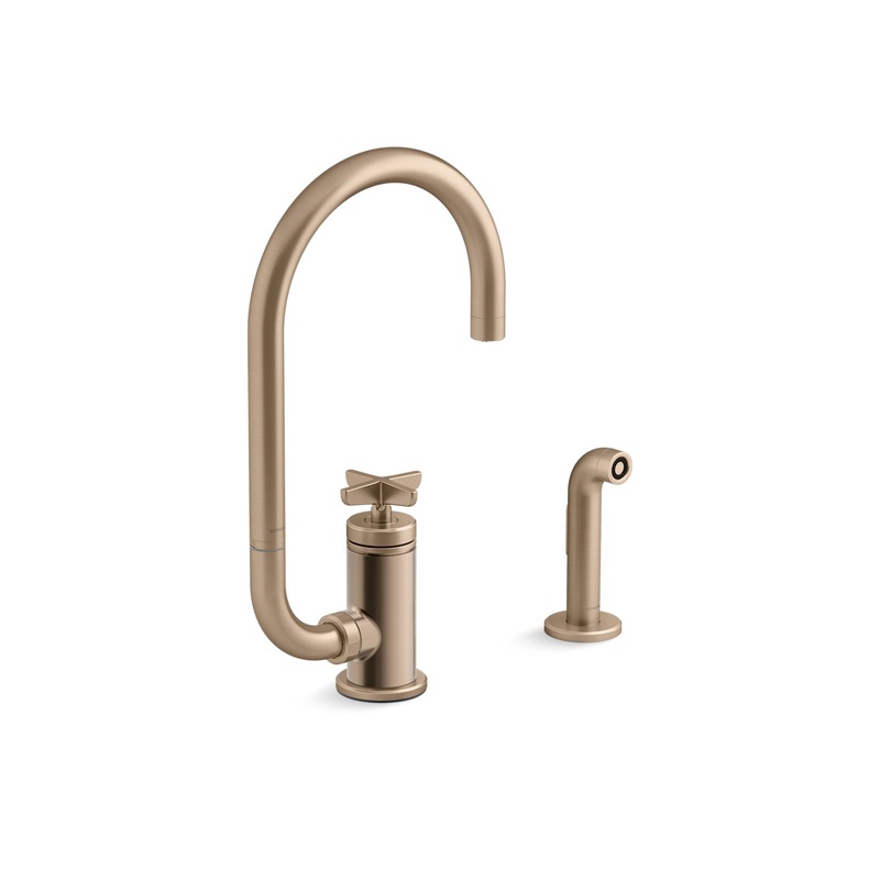 KOHLER K-28675-3-BV Single-handle kitchen sink faucet with two-function extended-reach spout and side sprayer  -  Vibrant Brushed Bronze