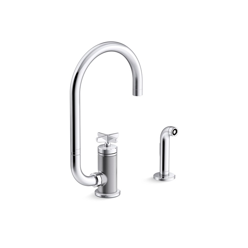 KOHLER K-28675-3-CP Single-handle kitchen sink faucet with two-function extended-reach spout and side sprayer  -  Polished Chrome