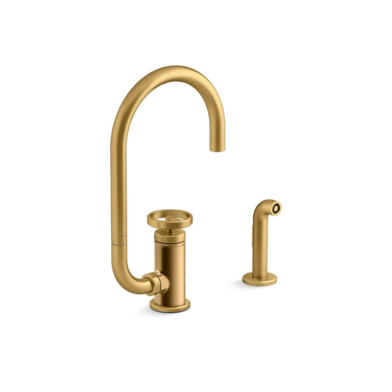 KOHLER K-28675-9-2MB Single-handle kitchen sink faucet with two-function extended-reach spout and side sprayer  -  Vibrant Brushed Moderne Brass