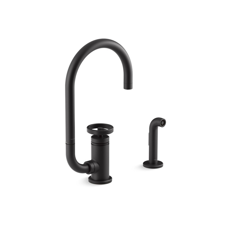 KOHLER K-28675-9-BL Single-handle kitchen sink faucet with two-function extended-reach spout and side sprayer  -  Matte Black