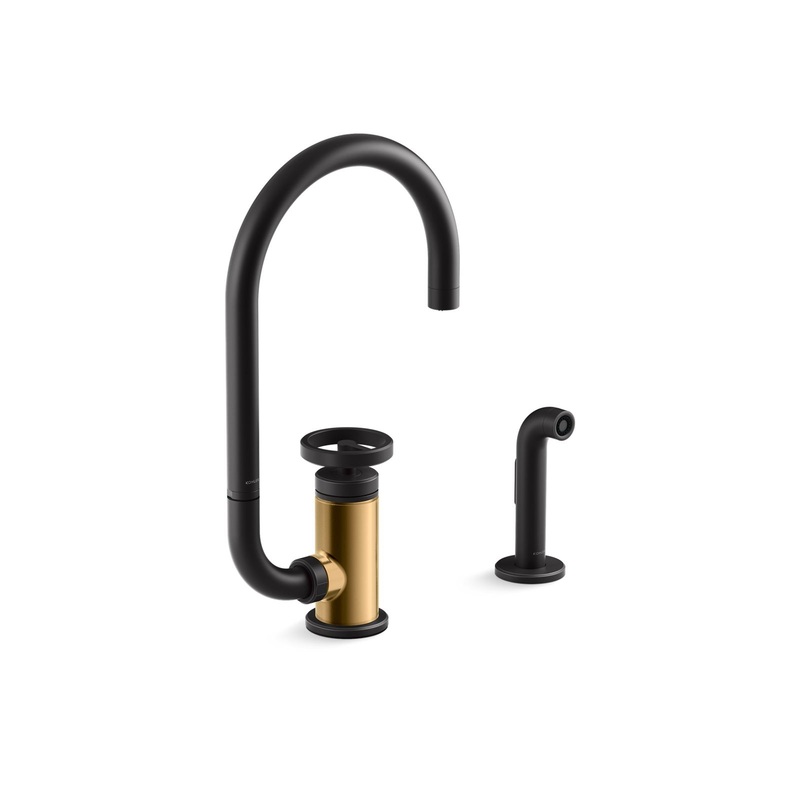 KOHLER K-28675-9-BMB Single-handle kitchen sink faucet with two-function extended-reach spout and side sprayer  -  Matte Black with Brushed Moderne Brass