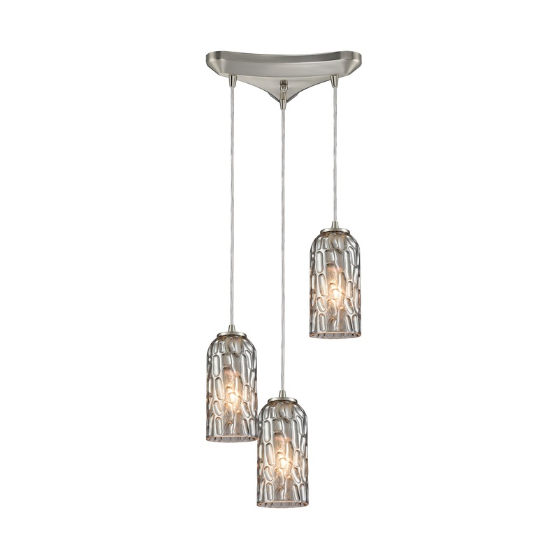 ELK SHOWROOM 10600/3 Ansegar 3-Light Triangular Pendant Fixture in Satin Nickel with Textured Smoke Glass