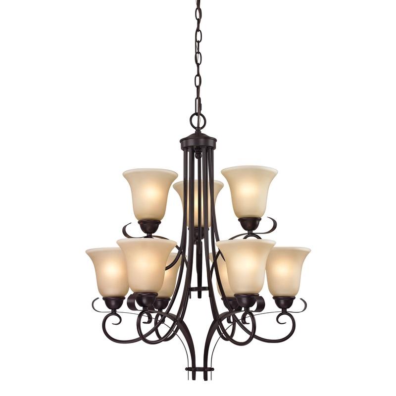 THOMAS 1009CH/10 Brighton 9-Light Chandelier in Oil Rubbed Bronze with Amber Glass