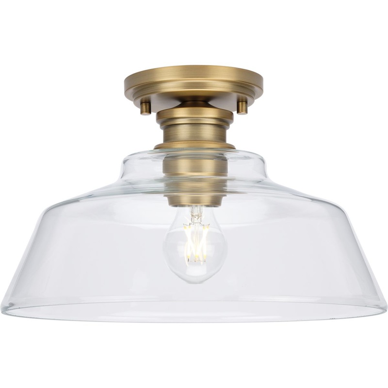 PROGRESS LIGHTING P350227-163 Singleton Collection One-Light 14" Vintage Brass Farmhouse Medium Semi-Flush Mount Light with Clear Glass Shade in Vintage Brass