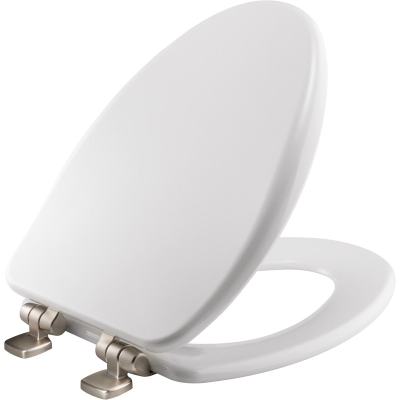Bemis Alesio Elongated High Density Enameled Wood Toilet Seat in White with STA-TITE Seat Fastening System, WhisperClose, Precision Seat Fit Adjustable Brushed Nickel Hinge and Super Grip Bumpers