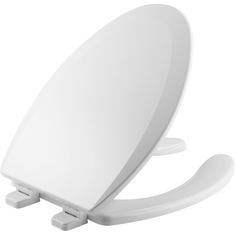 Bemis Elongated Enameled Wood Open Front with Cover Toilet Seat in White with Top-Tite STA-TITE Seat Fastening System and Precision Seat Fit Adjustable Hinge