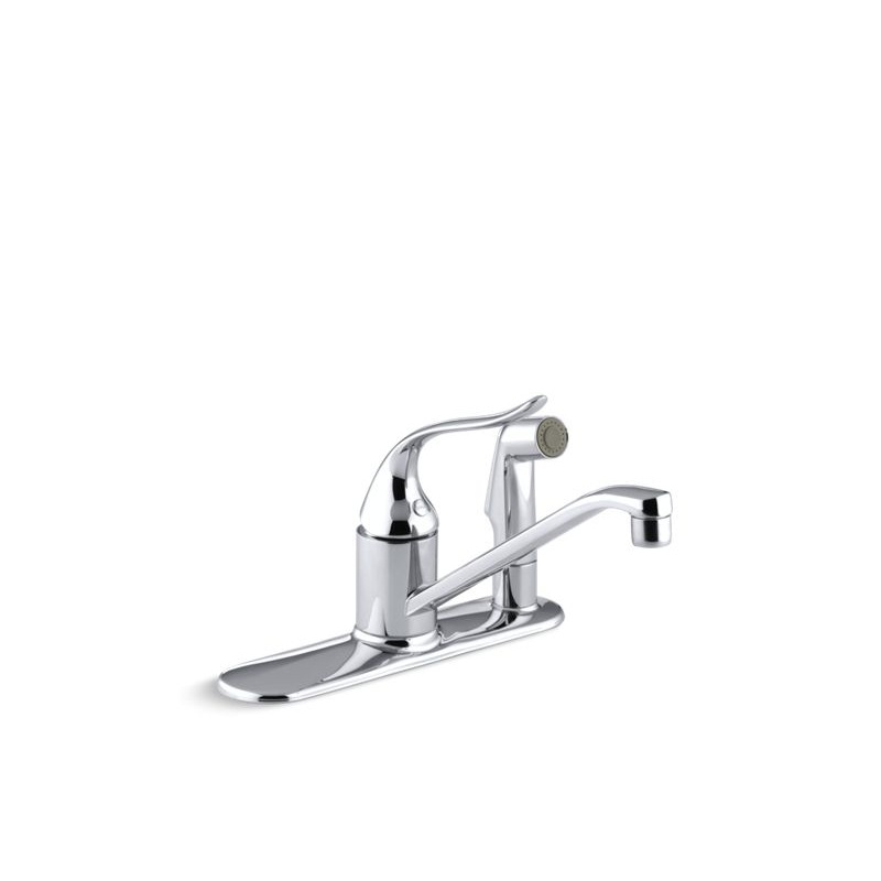 KOHLER K-15173-F-CP Coralais Three-hole kitchen sink faucet with 8-1/2" spout, matching finish sidespray through escutcheon and lever handle