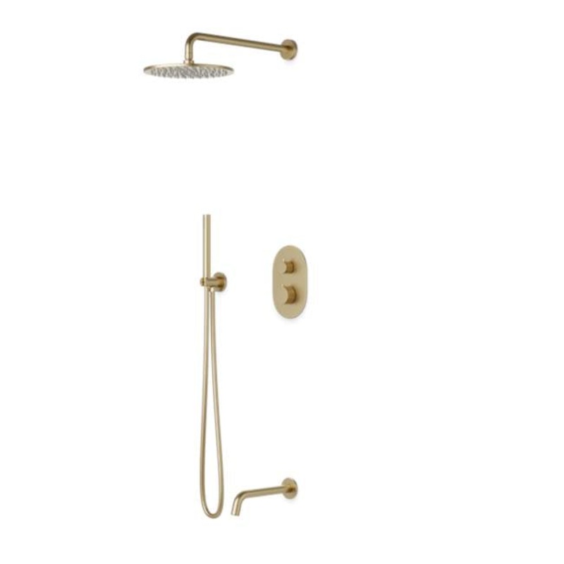 ARTOS PS120SB Opera Round Thermostatic Shower Trim Kit with Wall Mount Shower Head, Hand Held Shower, Tub Filler Satin Brass
