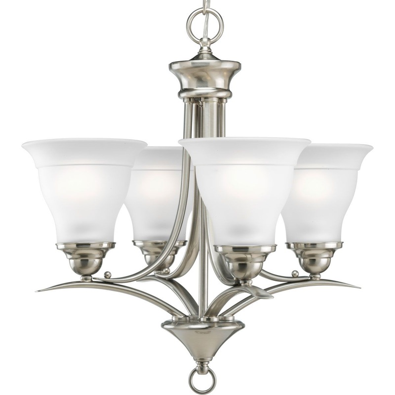 PROGRESS LIGHTING P4326-09 Trinity Collection Four-Light Brushed Nickel Etched Glass Traditional Chandelier Light in Brushed Nickel
